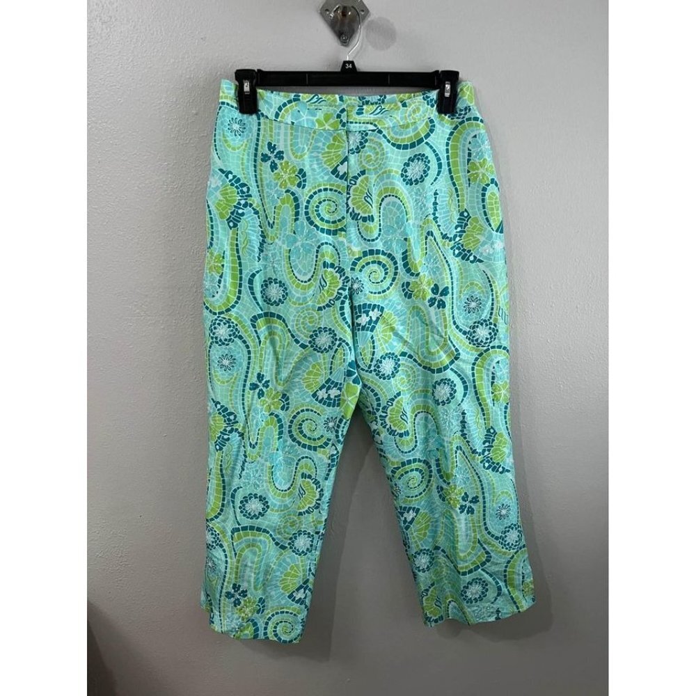 ICE silk vintage cropped art wear green and blue trousers size 14